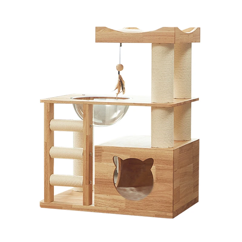 Large Cat Tree & Scratcher Climbing Frame for Feline Enjoyment Made Paper Plastic Rubber Solid Wood Feather Leather