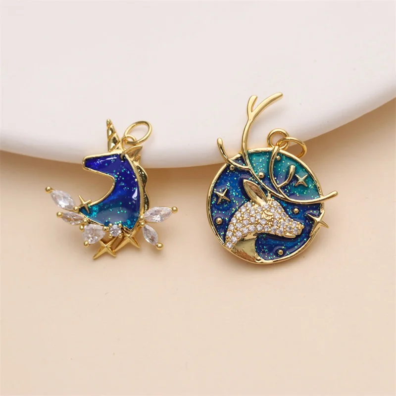 Brass 18K Gold Plated Star Sun Elk Unicorn Shaped Enamel Necklace Pendant Bulk for Necklace Making