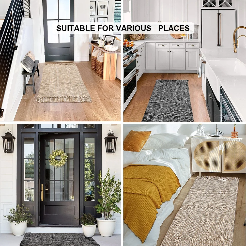 Wholesale modern farmhouse tan cotton hand-woven reversible washable rug for foyer bedroom entry back door decor