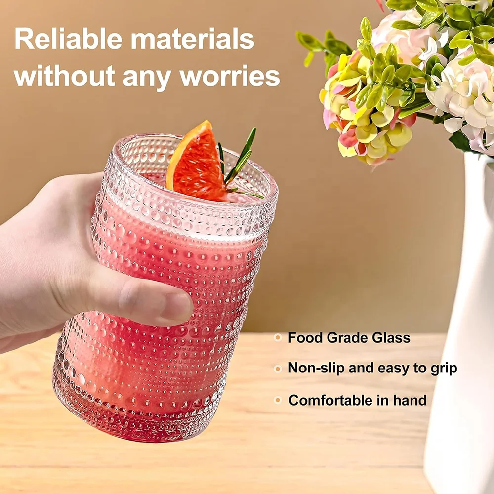Glass Drink Cup Vintage Glasses 16OZ Ribbed Glassware for Water Iced Coffee Smoothie Juice