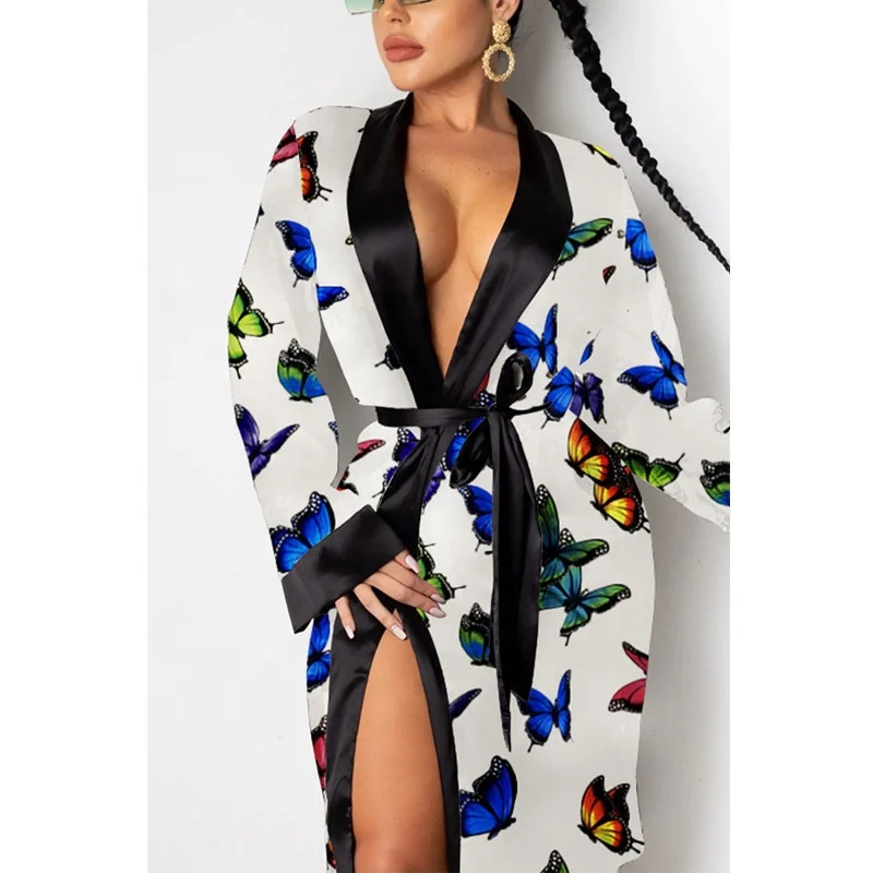 
femme sexy autumn clothes popular in 2021 fashion satin money printed silk robe bandage inverted femme ladies elegant dress 