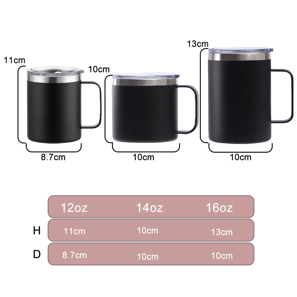 Custom 12oz 14oz 16oz double wall vacuum camping stainless Steel BPA free powder coated insulated travel coffee mug with handle