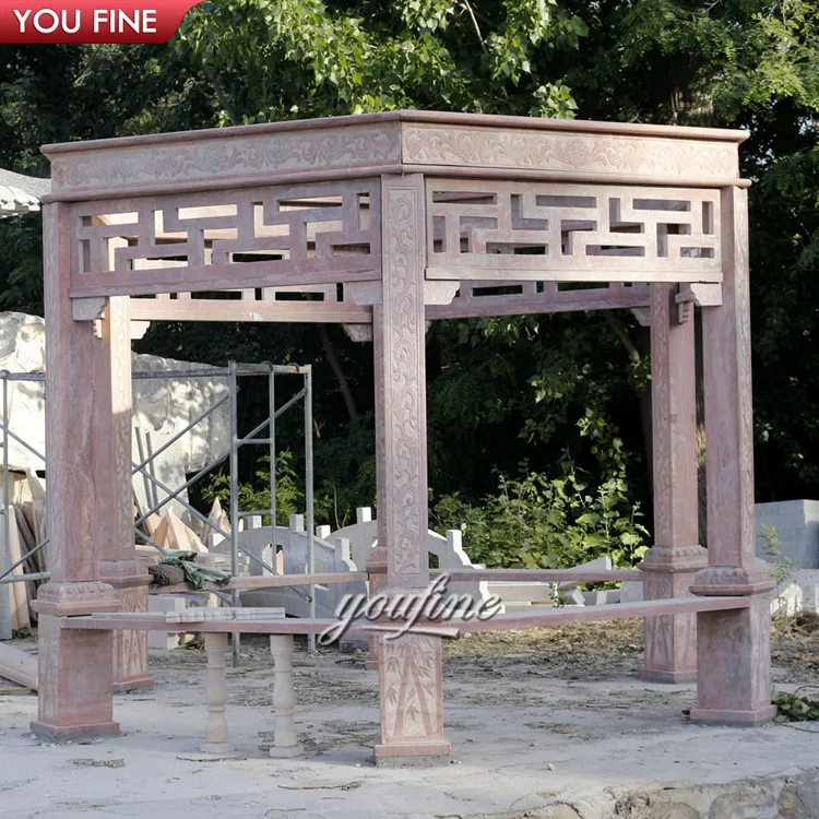 Наружная беседка LargeGarden из натурального камня, ручная резьба, Бежевая мраморная колонна