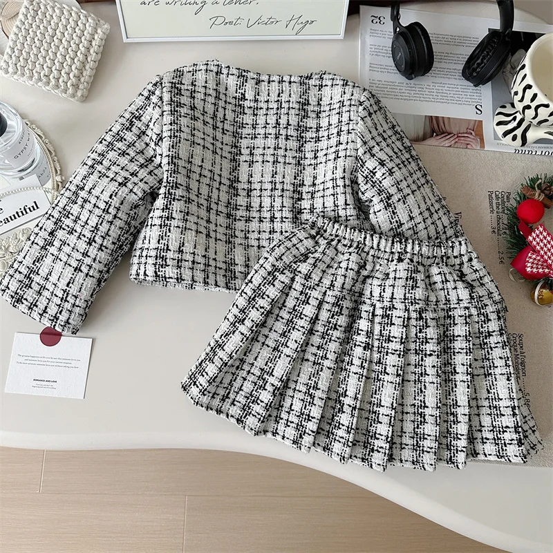 Ms-271 2025 Boutique Fall Baby Girl Winter Clothes Set 2-3 Years Plaid Jackets+Skirts 2 Pcs Set Korean Dress for Girls Kids