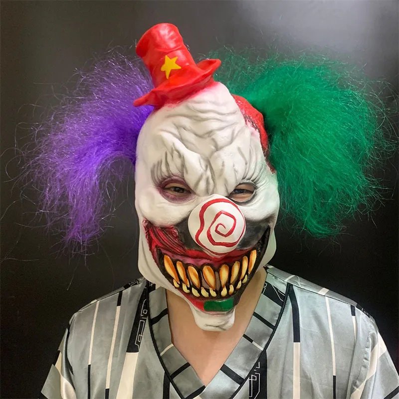 Red Circle Nose Clown Mask Horrible Halloween Headgear Costume Ball Cosplay Prop Green Purple Hair Joker Head-wear with Cap