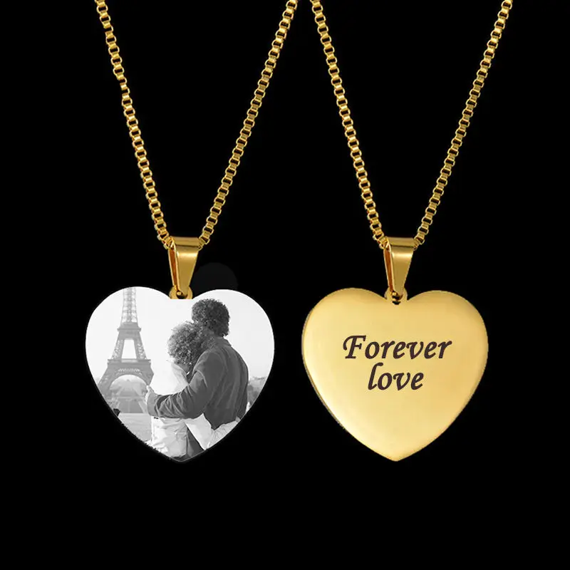 Personalized DIY Custom Logo Stainless Steel Heart Pendant Necklaces Laser Engraved Photo Love Choker Necklace Jewelry For Women