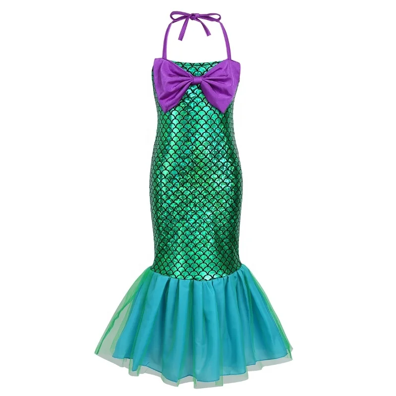 Kids Girls Adjustable Halter Glossy Fish Scales Printed Mermaid Dress Halloween Dress Up Cosplay Costume