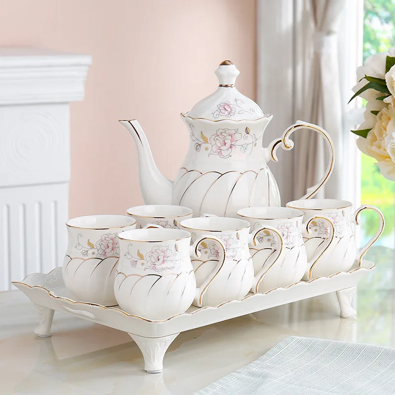 Luxury High Quality Western Design Ceramic 8 Pieces Teapot And Cup With Tray Porcelain Tea Pot Cup Set Tea For One Teapot Set