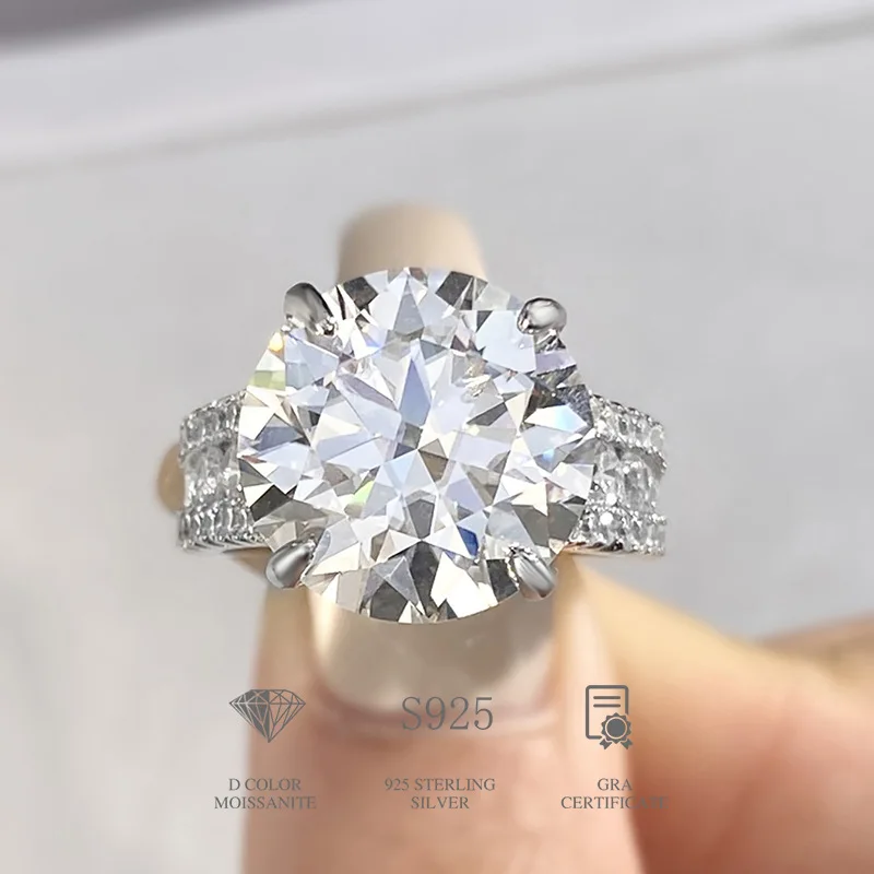 Factory Wholesale GRA VVS 10Carat 14MM Big Moissanite real Diamond Ring S925 18K gold engagement fine Jewelry for Women