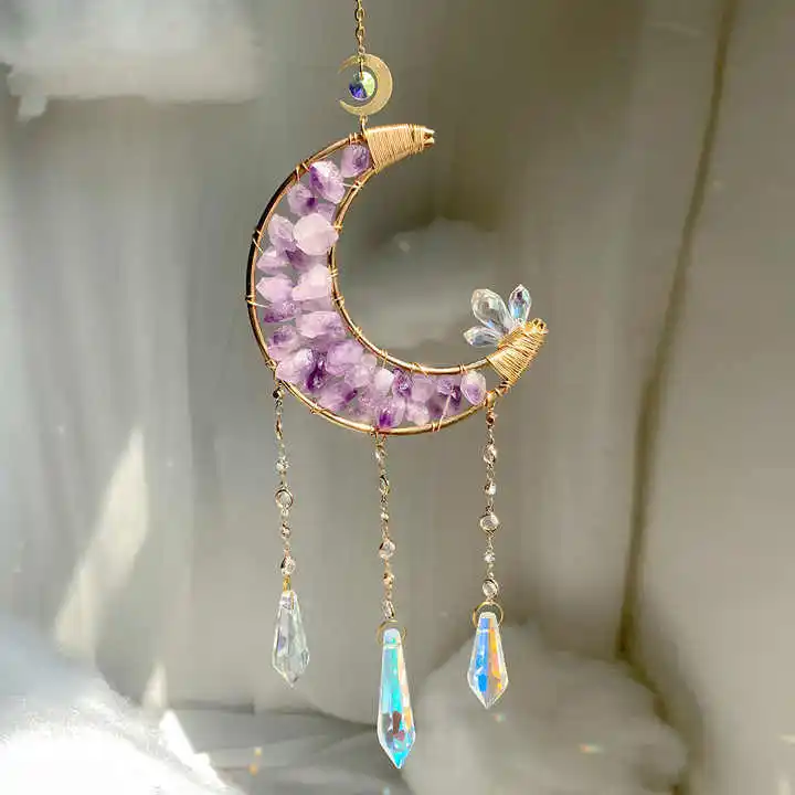 High quality natural crystal sun catcher moon sun catchers amethyst moon suncatche wind chimes