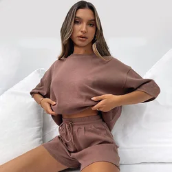 The best selling women solid color loose round neck shorts and long sleeve sweater set