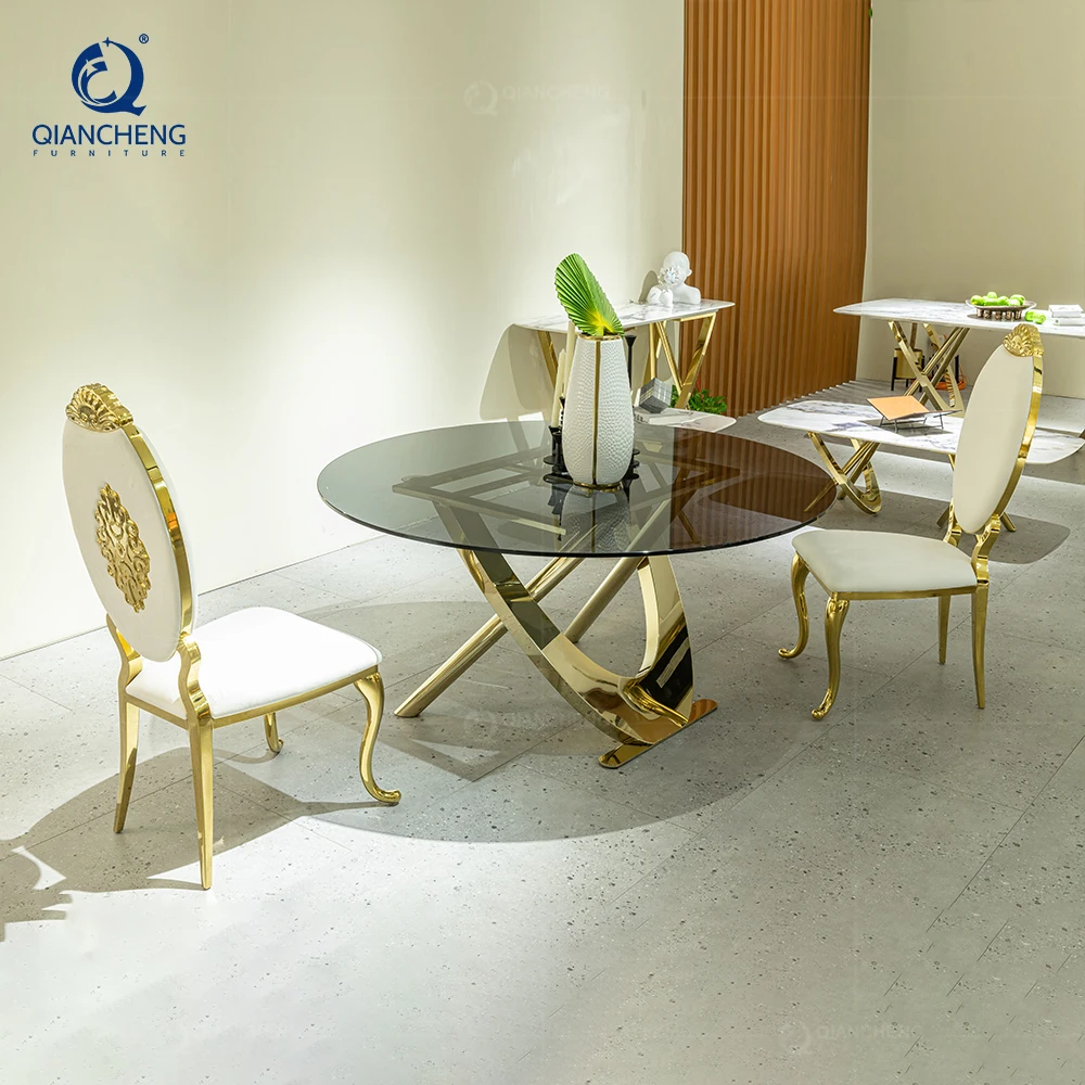 High end customization furniture luxury mini dining table set round dinning room gold furniture glass table
