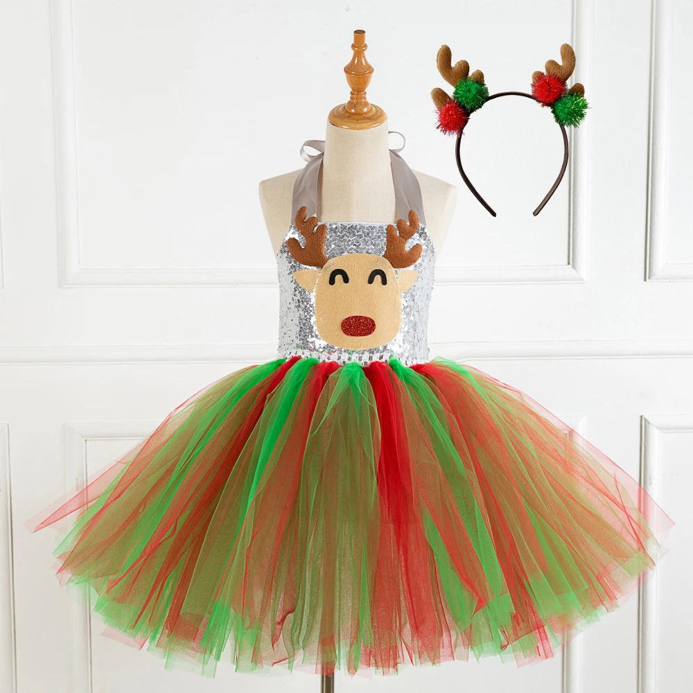 Kids Christmas Elk Reindeer Antlers Headband  Sequin Party Dress Tutu Prom Pageant Dresses SX-HD93422-93426