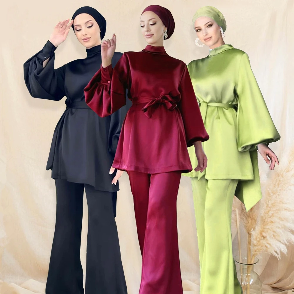 Colorful Wholesale 2 Pieces Plain Women Modest Tops and Pants Malaysia Dubai Satin Abaya Set Muslim Islamic Clothing
