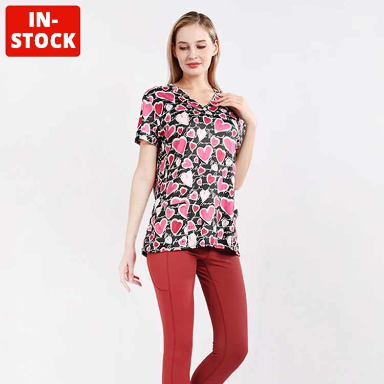 Medical Scrubs Wholesale In Stock Women Hospital Uniforms Nurse Medical V-neck Prints Scrub Top for sale