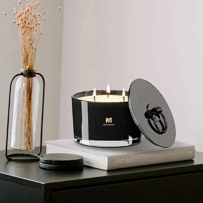 Mescente wholesale custom handmade luxury christmas scented glass candles vessel jar 3 wicks soy wax candles