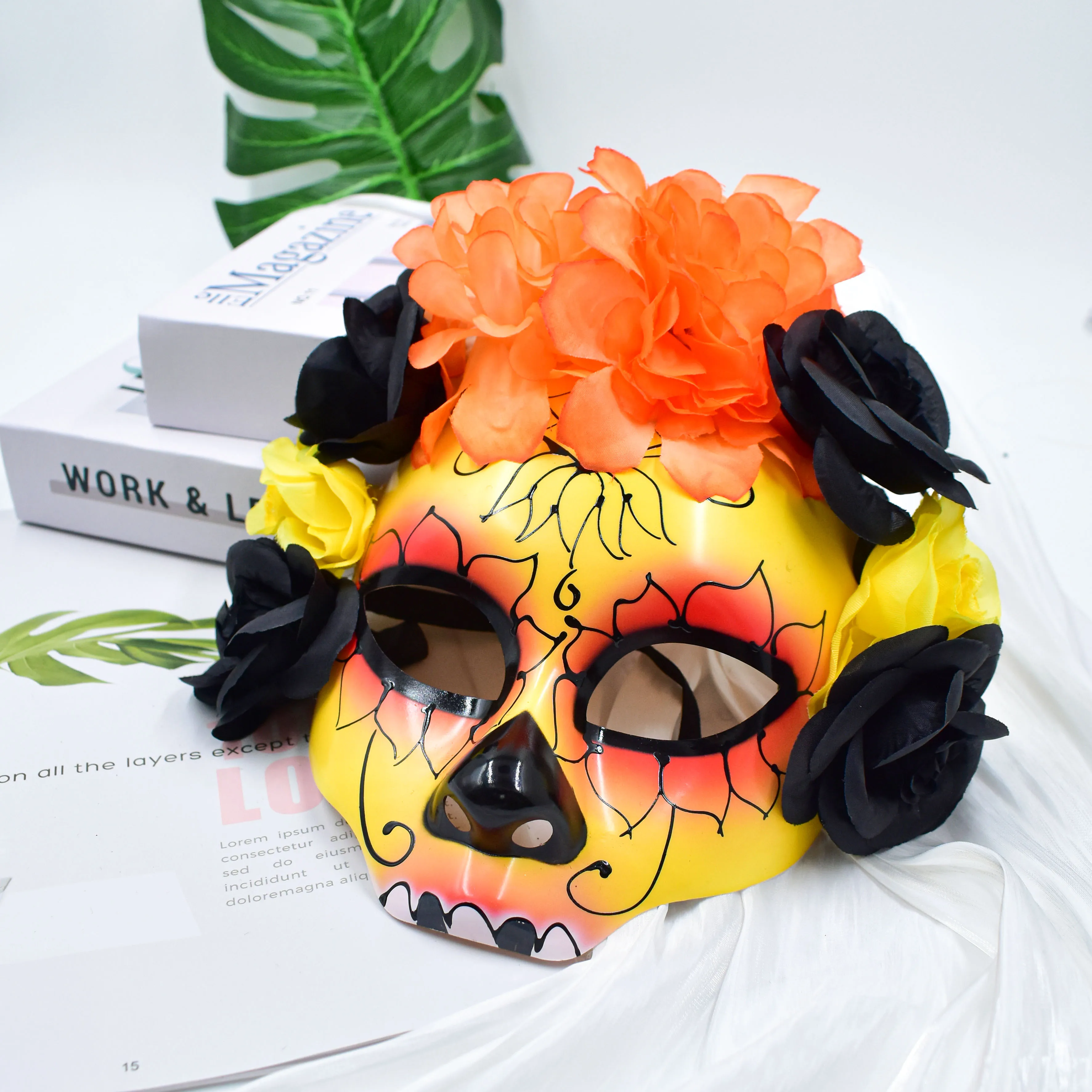 New Horror Half Face Mask Halloween Anonymous Masquerade Yellow And Black Flower Costume Props For Day Of The Dead