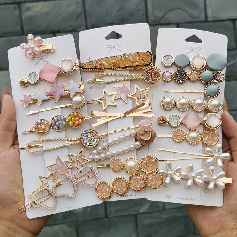 8 Pcs per Set New Design Crown Hair Pins Heart Versatile Duck Bill Clip Girls Simple Girls Pearl Hair Clip Set