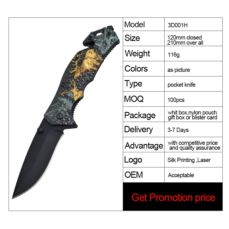 
Free sample stainless steel folding pocket knife camping knife with 3D printing pattern handle 