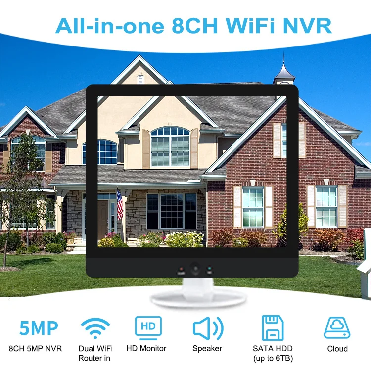 All in One 8 Channel Wifi Nvr Kit 3MP 5MP Ptz Cctv Security Camera Surveillance System