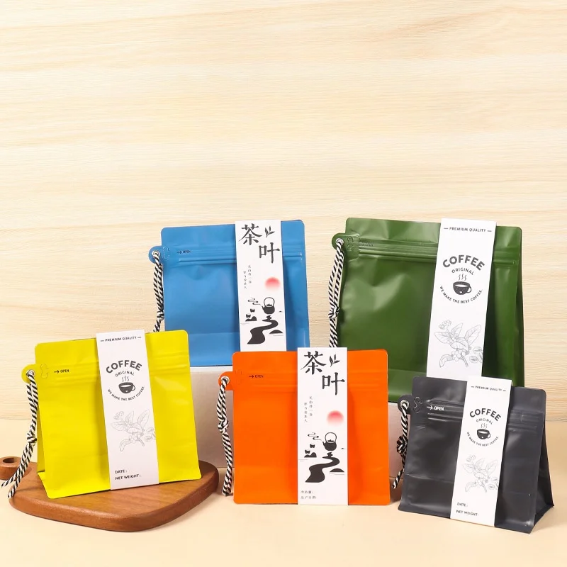Custom Packaging Colored Valve Coffee Beans Resealable Bag 500G 250G 200G 100G Flat Bottom Zipper Stand Up Pouch With Lanyard