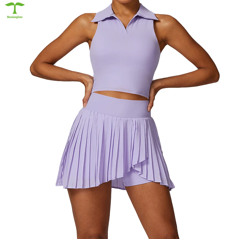 2024 New Style Polar Neck Sports Top Pleated Mini short skirt Set Outdoor Active skirts for women women sportswear