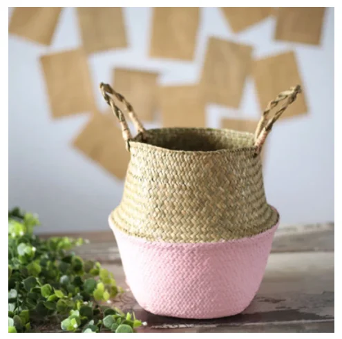 Bamboo Storage Baskets Foldable Laundry Straw Patchwork Wicker Rattan Seagrass Belly Garden Flower Pot Planter Handmade Basket