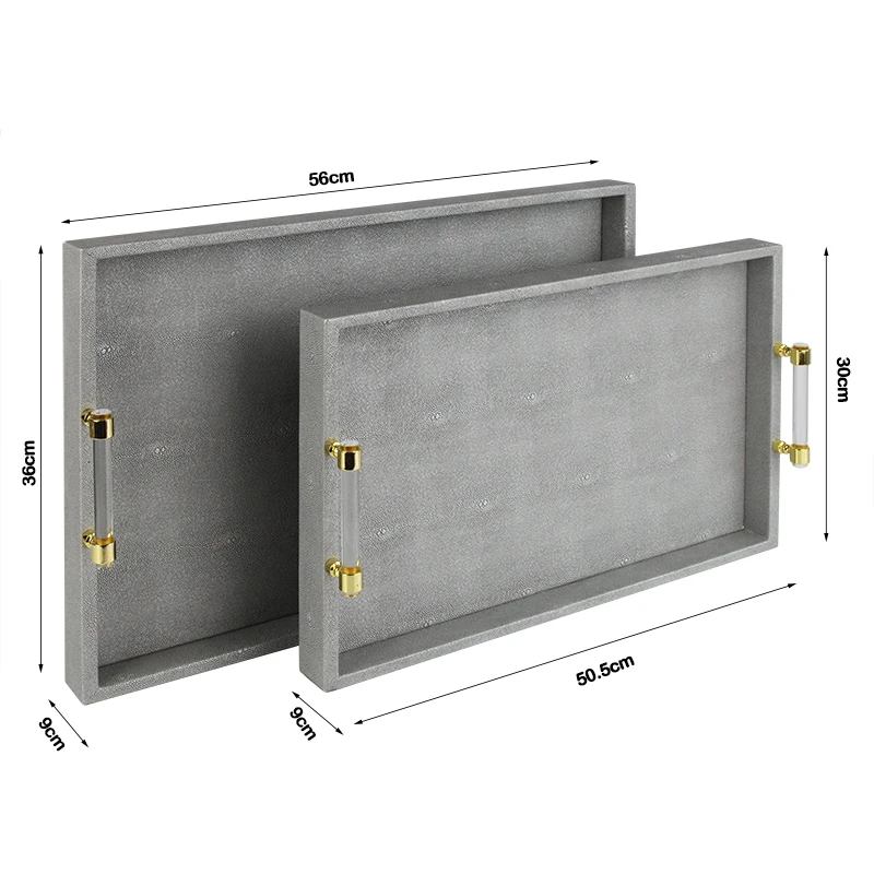 luxury  shagreen leather tray wedding with acrylic handles golden metal accessories