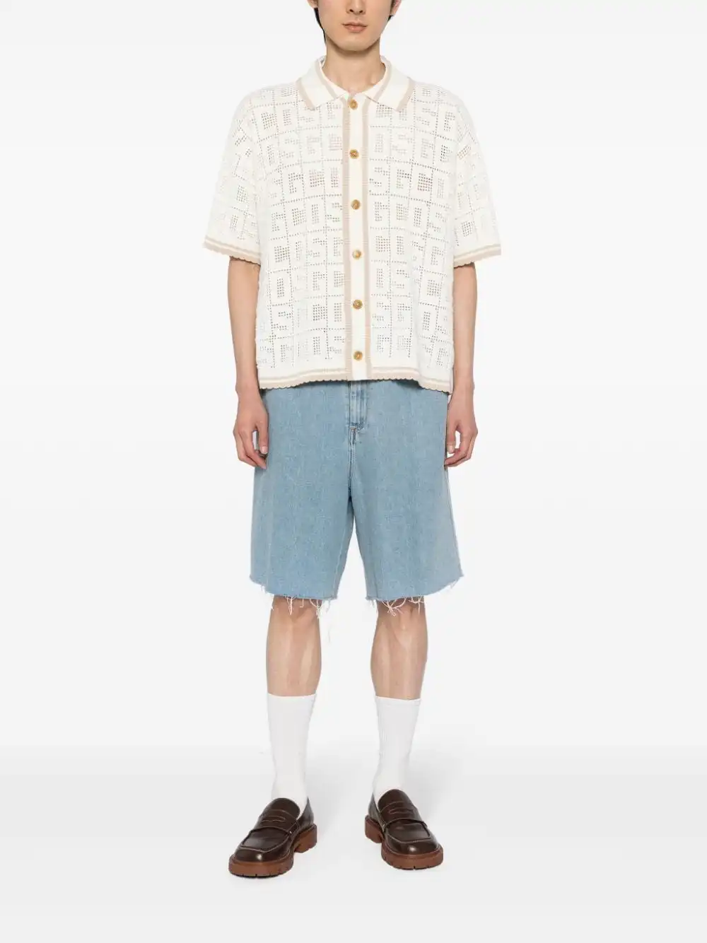 Manufacturer Provide Custom logo Pattern Men Short Sleeve Sweater Summer Button Closure Mesh Knit Polo Crochet Shirt