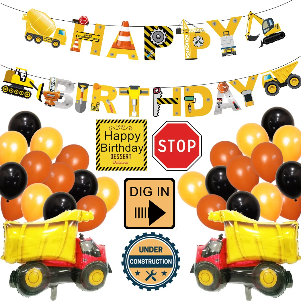 Construction pull flag dirt car excavator balloon set aluminum film confetti balloons boy theme birthday party decoration