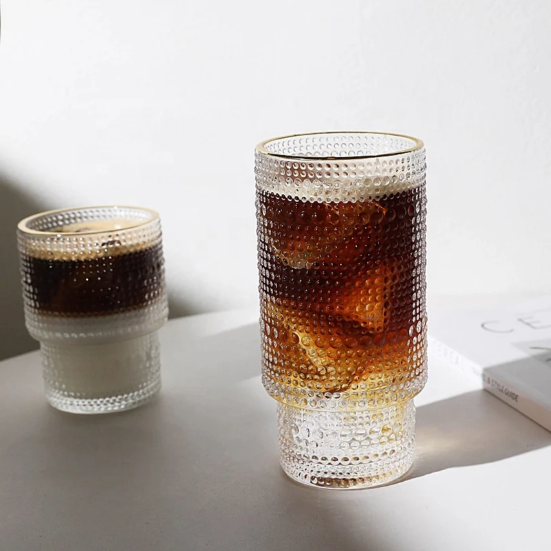 Fancy Glass Coffee Cups Cylinder Drinking Glass Embossed Tumbler Glass Set