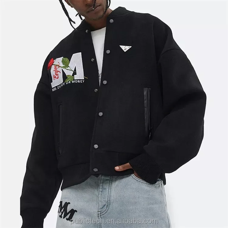 OEM Custom rose embroidery 100% wool vintage bomber baseball letterman jacket for men