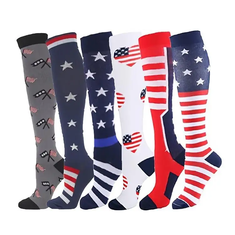 In stock comfortable American-flag pattern high elasticity long tube nylon compression socks for men