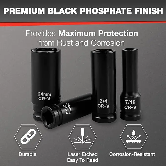 29pcs 1/2-Inch Drive Deep Impact Socket Set Cr-V Steel 10-24mm Universal Joint Adapter and Extension Bar