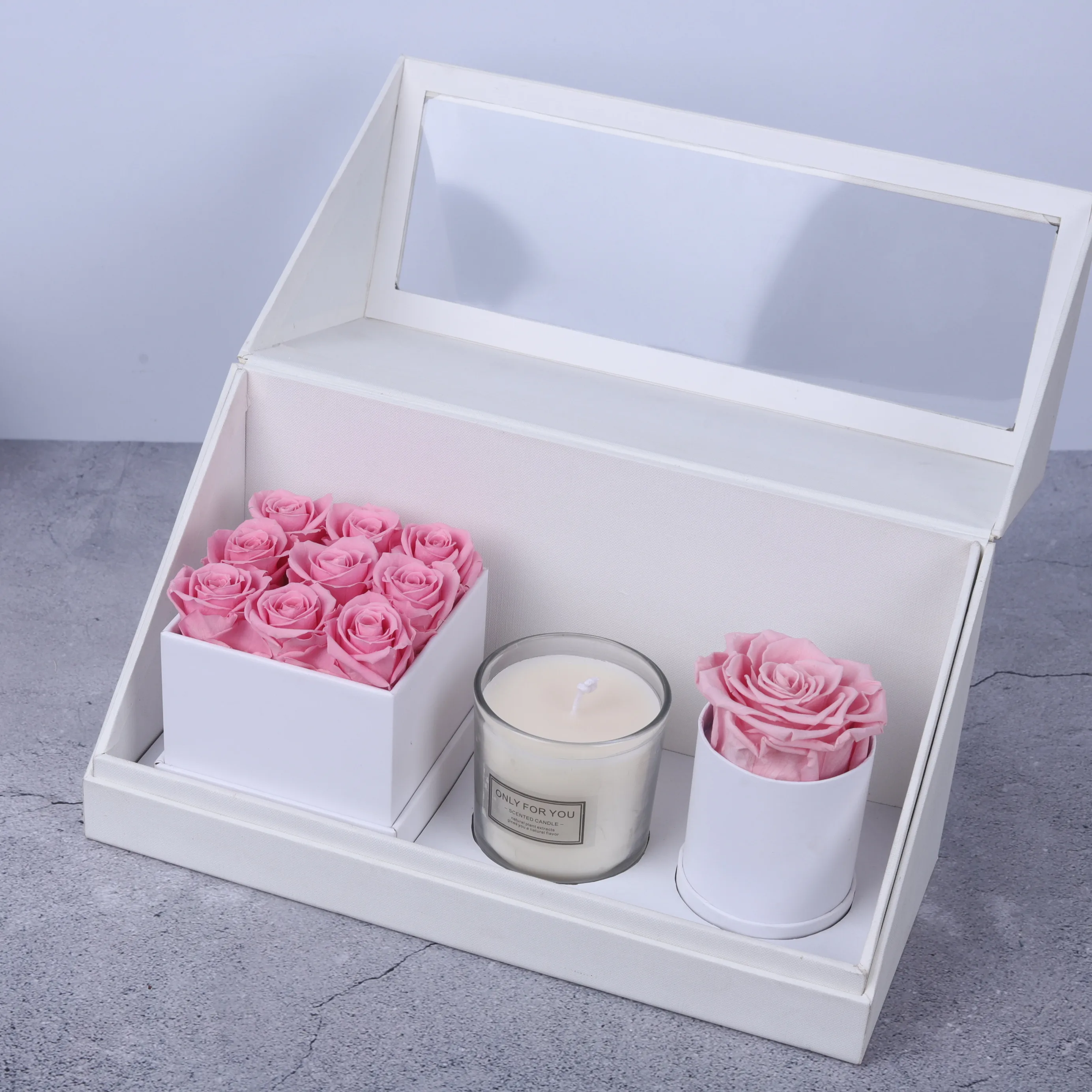 Hot selling high quality decoration flower luxury eternal flower scented candles preserved roses in high end gift box