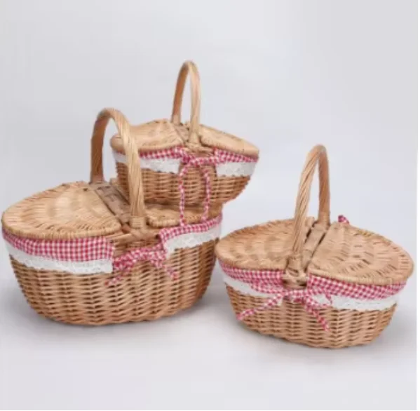 Oval handmade durable wicker picnic storage basket willow woven basket with removable washable lining  for kids camping