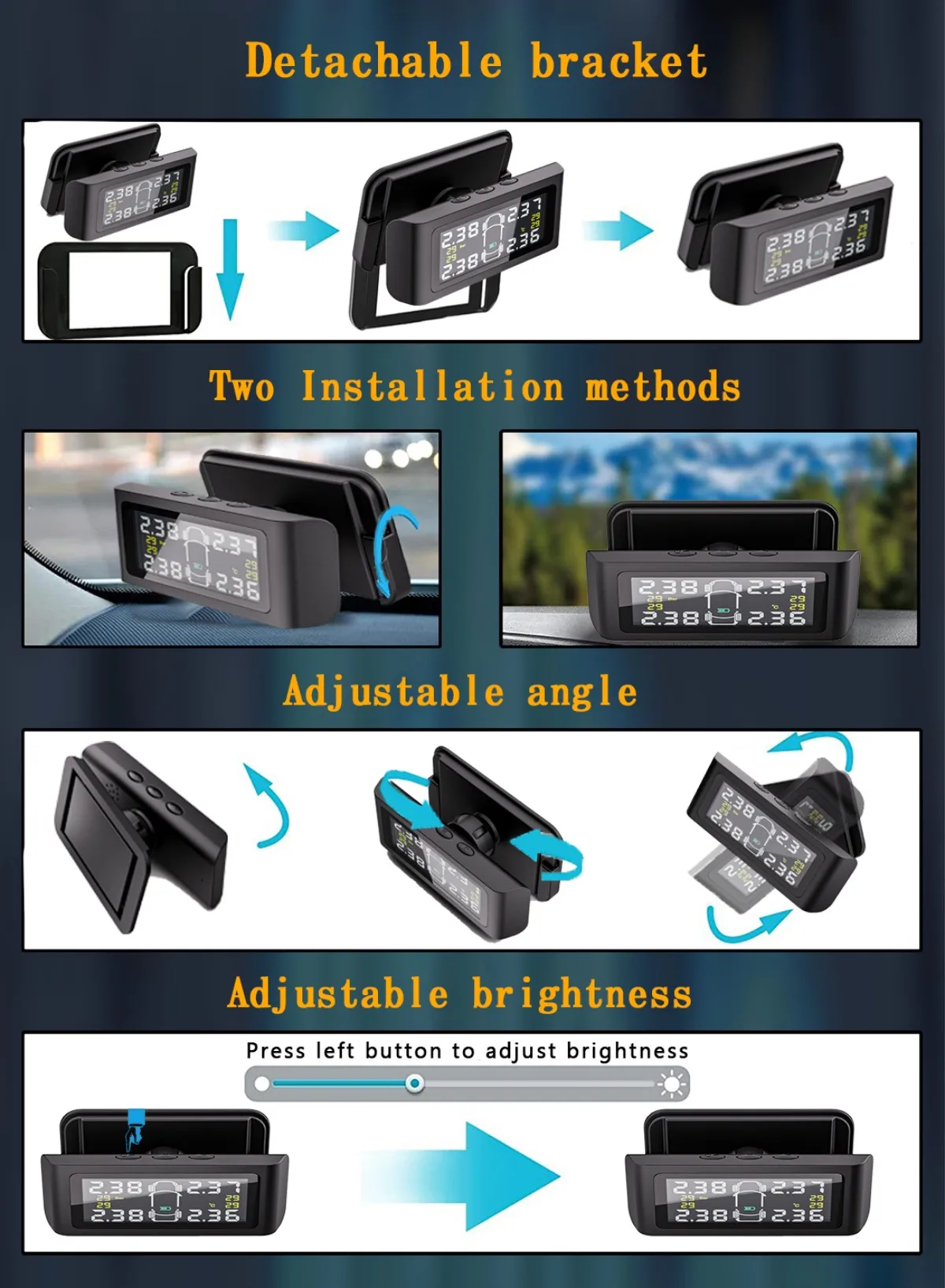 High Quality Flat Tires Alarm Solar Power Digital Tire Pressure Monitor System External Wireless Car TPMS with Tire Gauges