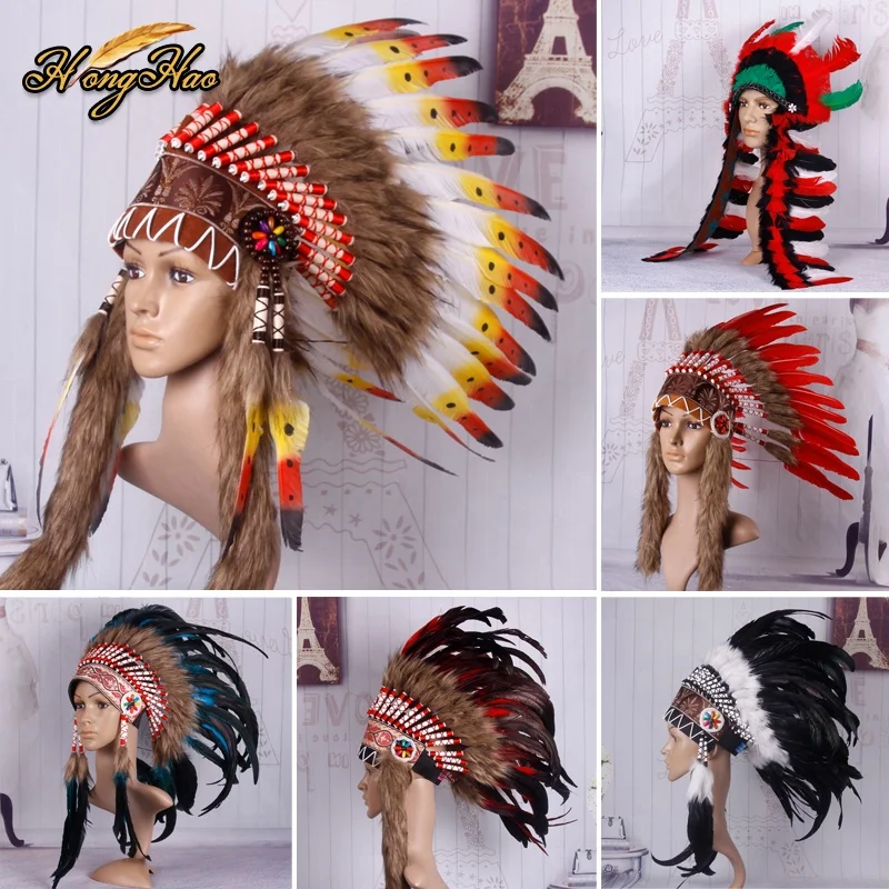Short Style Indian Feather Headwear Hat Dye Patterned for Halloween Party Decoration Carnival Performance Props