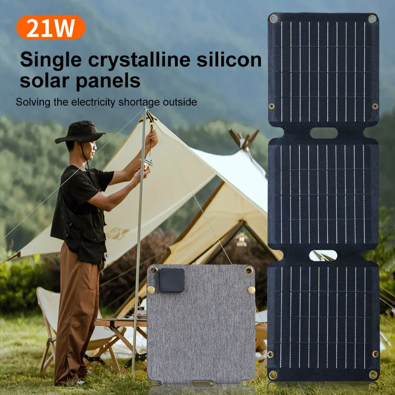 Solar USB+Type-C Charger Fast Charging 21W Mono foldable solar panel High Efficiency Cells for Mobile Phone Laptop