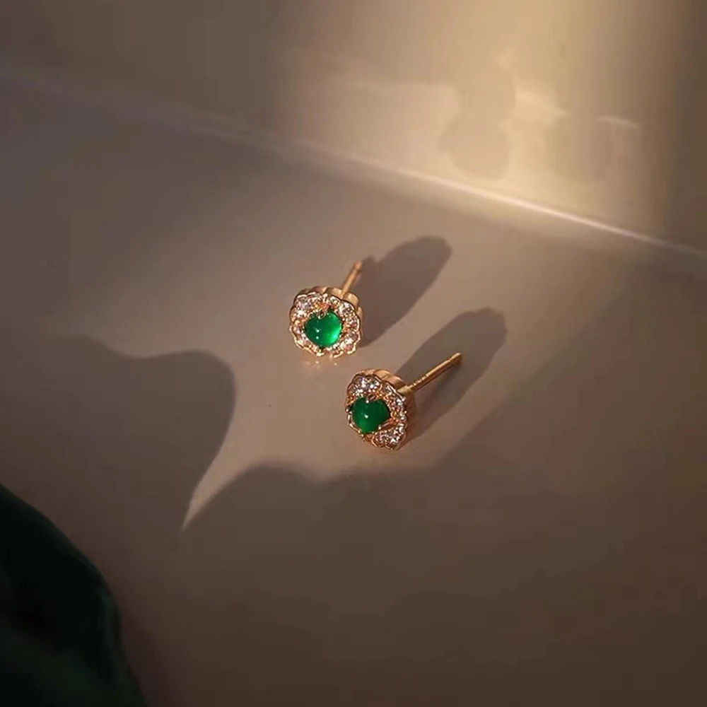 Jewelry Sterling Silver 5A Zircon Micro Paved Gold Plated Flower Designed Emerald Stud Piercing Earrings with Green Stones