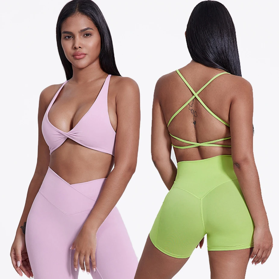 Twist Spaghetti Strap Sexy Push Up Yoga Bralette Shockproof Running Underwear Women Fitness Workout Bra