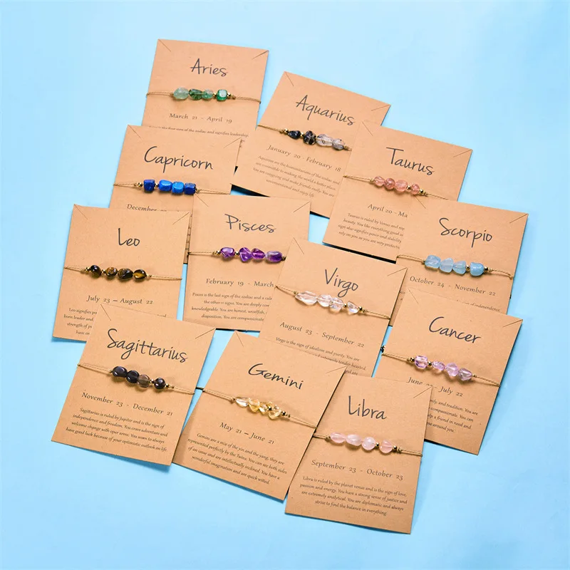 Women Jewelry Handmade Braided Natural Stone Bracelet Adjustable 12 Zodiac Sign Beaded Bracelet With Card