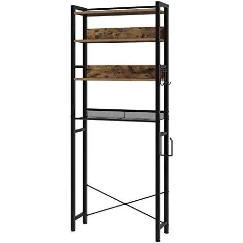 4-Tier Multifunctional Freestanding Wooden Bathroom Space Saver Multifunctional Over The Toilet Storage Rack with Hooks