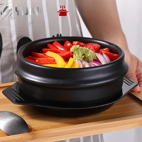 Wholesale black ceramic soup pots dolsot bibimbap ramen casserole stone bowl with tray