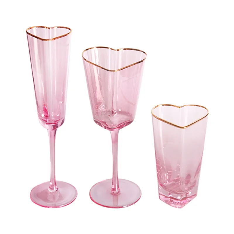 Wholesale Simple style Hammer pink heart gold rim Wine set Red glass Champagne glass juice glass European-style Goblet