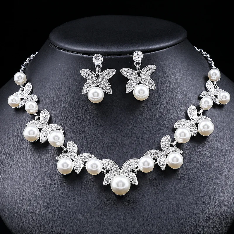 High Quality New Style Wedding Pearl Crystal Necklace Earrings Jewelry Sets
