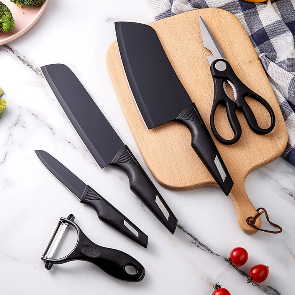 Набор кухонных ножей из 5 предметов с ручкой из АБС-пластика, из твердой нержавеющей стали, с антипригарным лезвием из оксида черного цвета, ножи в подарочной коробке