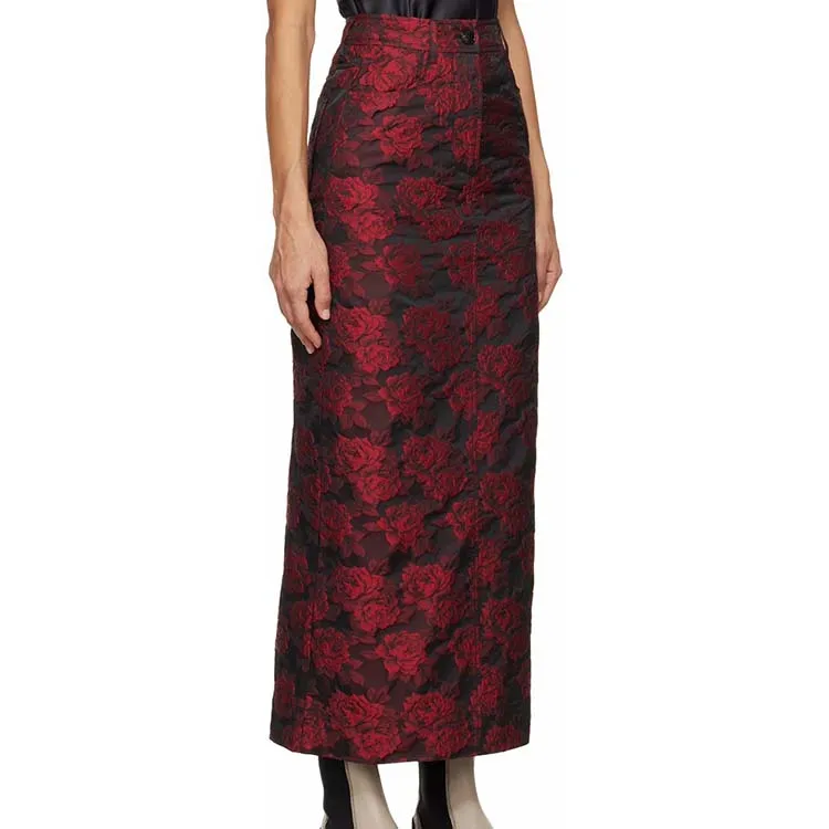 HIgh quality custom four-pocket styling red  zip-fly maxi skirt for woman