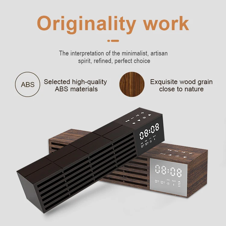 2022 Factory wholesale Multifunction Home Smart speakers waterproof wireless wood grain Speaker with clock for desk alarm clock
