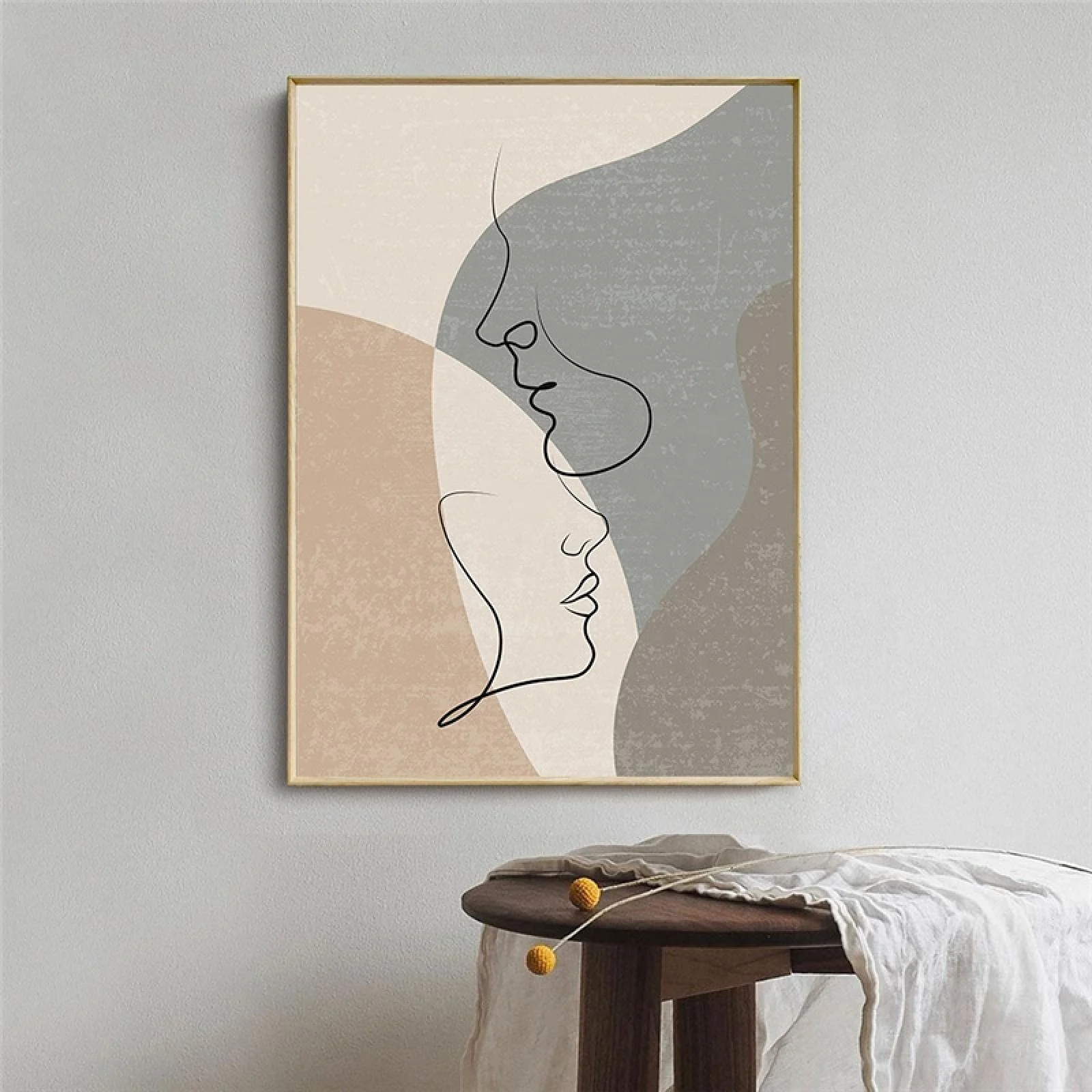 2 Pieces Abstract Geometric Lines Face Canvas Painting Boho Style Minimalist Figure Couple Lovers Kiss Wall Art Posters Printed